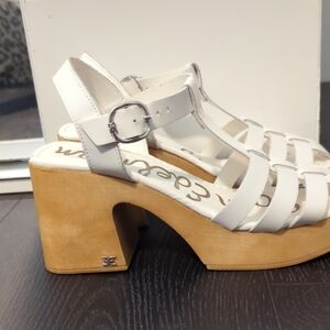 Sam Endelman White Strappy Sandals with Chunky Wooden Heel Size 6